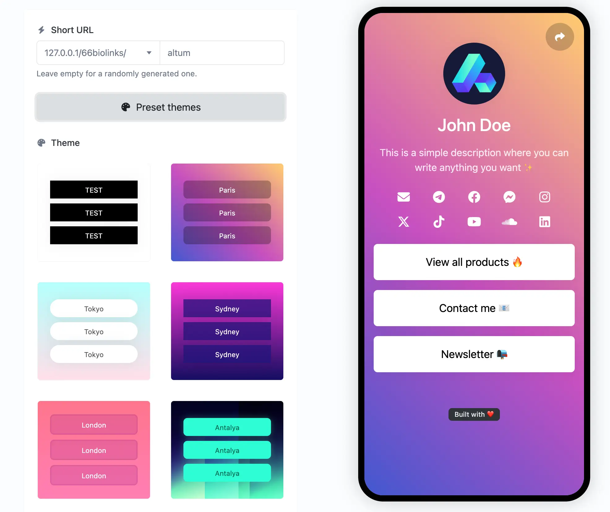 Screenshot della pagina di modifica dell'app biolink